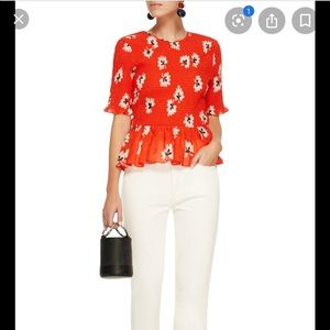 Ganni Smocked Red Floral Top Size XS/S